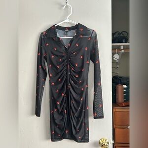 Forever 21 Black Long-Sleeve Ruched Mini Dress with Red Heart Print